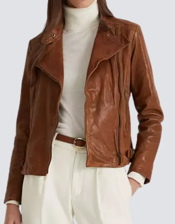Lauren Ralph Lauren Burnished Brown Leather Moto Jacket