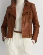 Lauren Ralph Lauren Burnished Brown Leather Moto Jacket