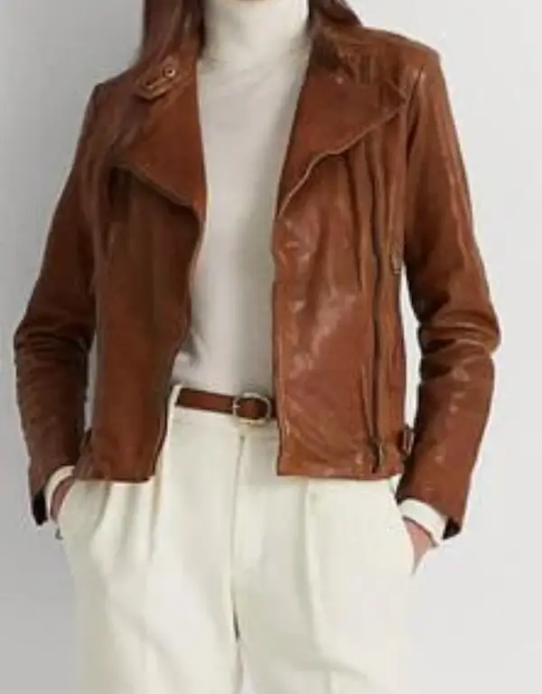 Lauren Ralph Lauren Burnished Brown Leather Moto Jacket