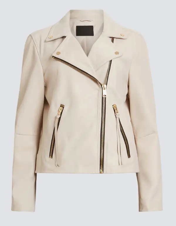 All Saints Dalby Slim Fit Ivory White Leather Biker Jacket 