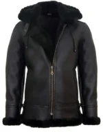 Men’s Black Sheepskin Flying Hooded Bomber B3 Aviator Pilot Jacket