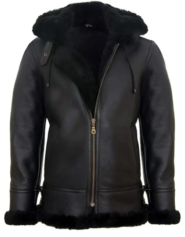 Men’s Black Sheepskin Flying Hooded Bomber B3 Aviator Pilot Jacket Men’s Black Sheepskin Flying Hooded Bomber B3 Aviator Pilot Jacket