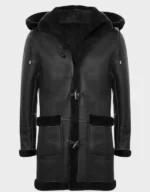 Men’s Long Real Sheepskin Leather Black Hooded Duffle Coat