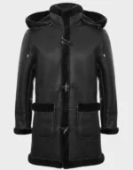 Men’s Long Real Sheepskin Leather Black Hooded Duffle Coat