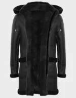 Men’s Long Real Sheepskin Leather Black Hooded Duffle Coat