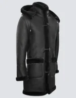 Men’s Long Real Sheepskin Leather Black Hooded Duffle Coat
