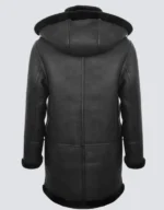 Men’s Long Real Sheepskin Leather Black Hooded Duffle Coat