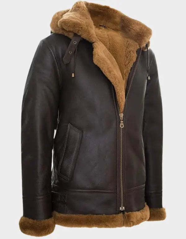 Men's Brown Sheepskin Flying Hooded Bomber B3 Aviator Pilot Jacket
