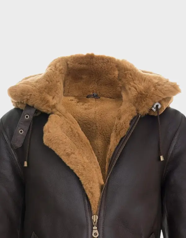 Men's Brown Sheepskin Flying Hooded Bomber B3 Aviator Pilot Jacket