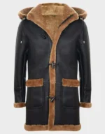 Men’s Long Real Sheepskin Leather Ginger Brown Hooded Duffle Coat