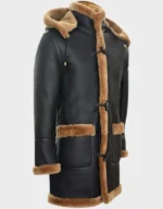 Men’s Long Real Sheepskin Leather Ginger Brown Hooded Duffle Coat