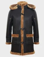 Men’s Long Real Sheepskin Leather Ginger Brown Hooded Duffle Coat