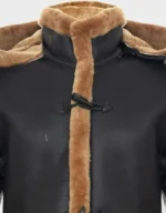Men’s Long Real Sheepskin Leather Ginger Brown Hooded Duffle Coat
