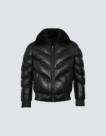 Handmade Black Lambskin Leather Puffer Jacket for Men