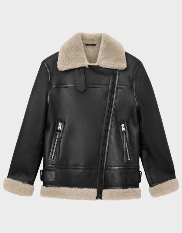 Handmade Women’s Black Sheepskin Shearling Aviator Jacket