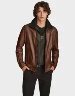 Men’s Brown Leather Jacket with Removable Hood