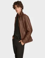 Men’s Brown Leather Jacket with Removable Hood