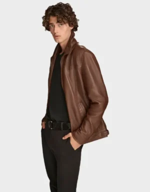 Men’s Brown Leather Jacket with Removable Hood