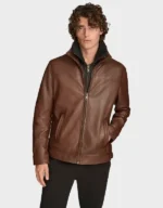 Men’s Brown Leather Jacket with Removable Hood