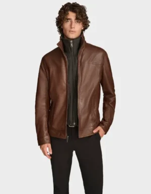 Men’s Brown Leather Jacket with Removable Hood