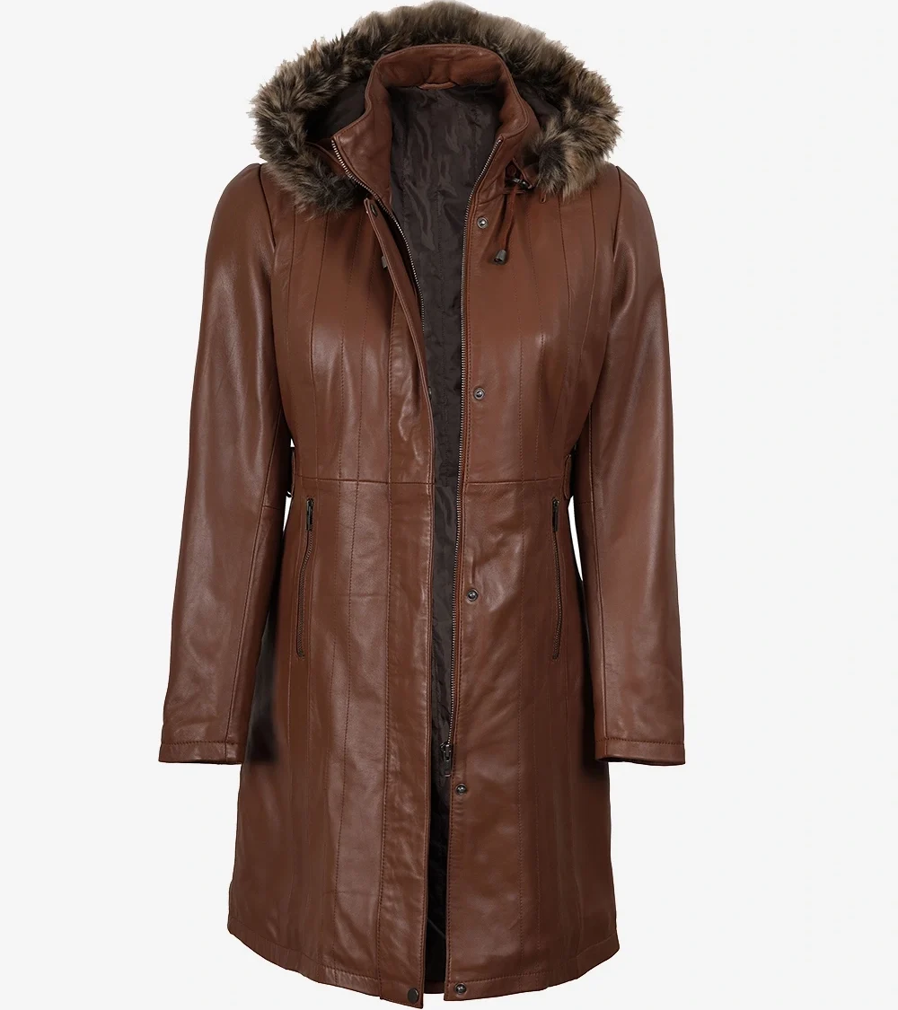 Women’s Brown Leather Long Coat With Faux Fur Hood