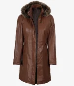 Women’s Brown Leather Long Coat With Faux Fur Hood