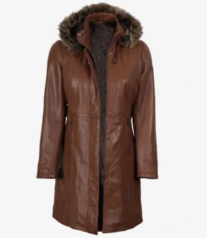 Women’s Brown Leather Long Coat With Faux Fur Hood