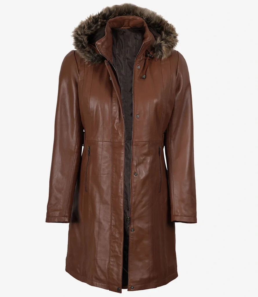 Women’s Brown Leather Long Coat With Faux Fur Hood