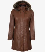 Women’s Brown Leather Long Coat With Faux Fur Hood
