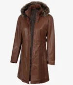 Women’s Brown Leather Long Coat With Faux Fur Hood