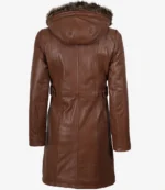 Women’s Brown Leather Long Coat With Faux Fur Hood