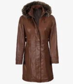 Women’s Brown Leather Long Coat With Faux Fur Hood