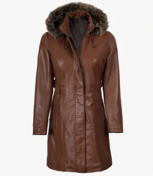 Women’s Brown Leather Long Coat With Faux Fur Hood
