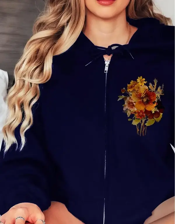 Women’s Black Sunset Floral Embroidered Full-Zip Hoodie
