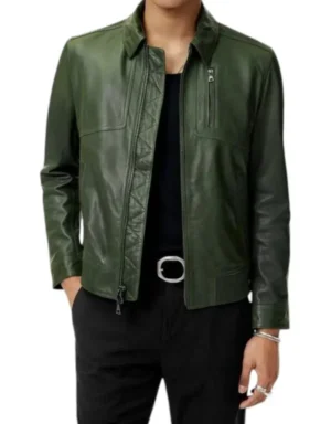 Men’s Green Genuine Sheepskin Leather Bomber Jacket