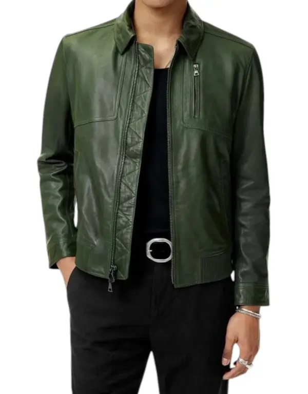 Men’s Green Genuine Sheepskin Leather Bomber Jacket