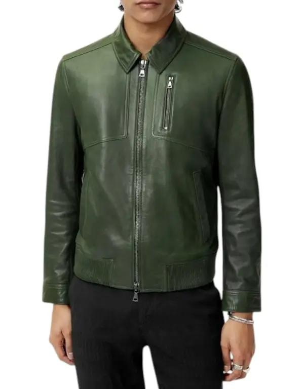 Men’s Green Genuine Sheepskin Leather Bomber Jacket