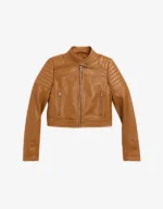 Women’s Brown Genuine Sheepskin Leather Cropped Biker Jacket