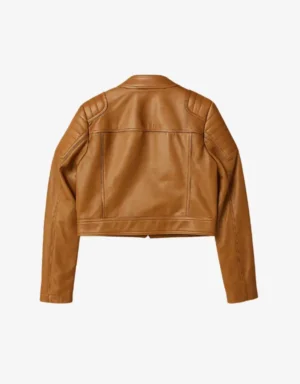 Women’s Brown Genuine Sheepskin Leather Cropped Biker Jacket