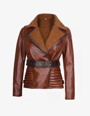 Women’s Brown Genuine Sheepskin Leather Belted Coat