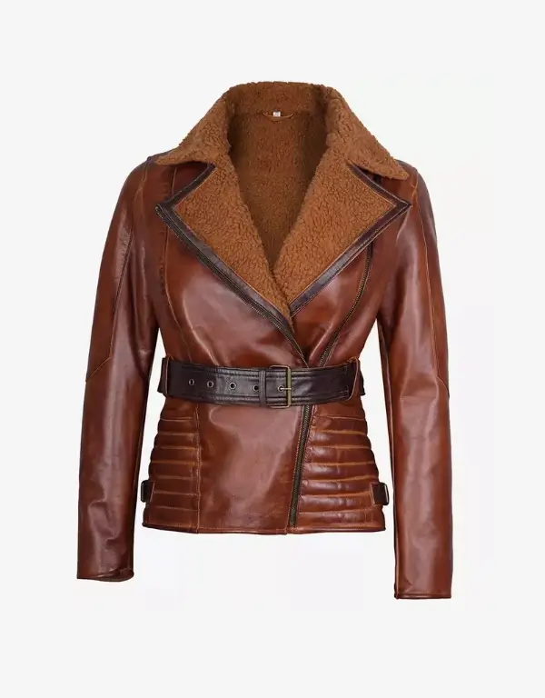 Women’s Brown Genuine Sheepskin Leather Belted Coat