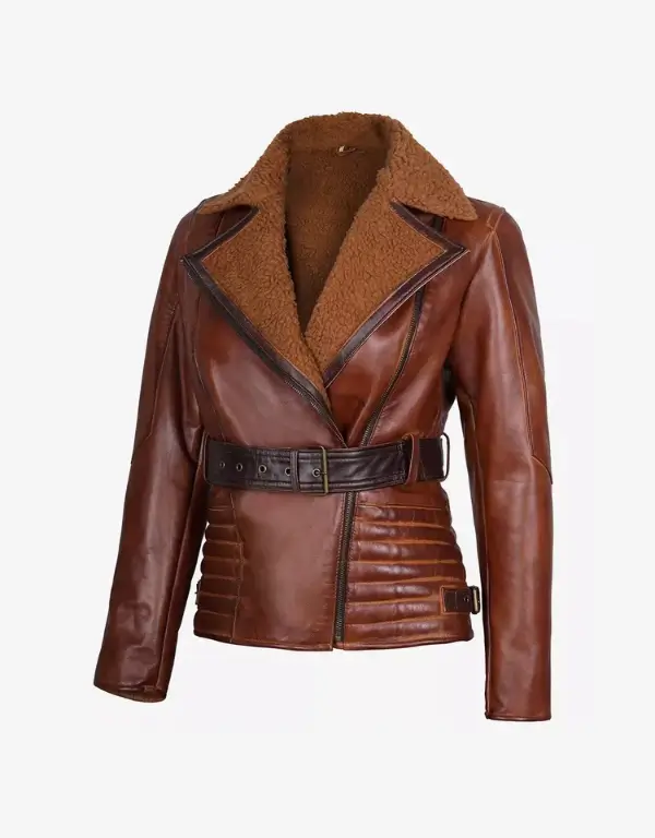 Women’s Brown Genuine Sheepskin Leather Belted Coat