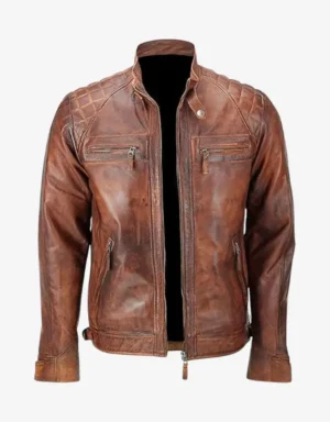 Men’s Brown Distressed Genuine Leather Cafe Racer Jacket