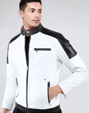 Men’s White Genuine Sheepskin Leather Biker Jacket