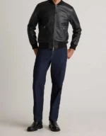 Mens Black Leather Bomber Jacket - front view
