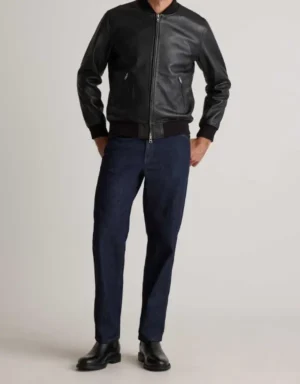 Mens Black Leather Bomber Jacket - front view