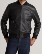 Mens Black Leather Bomber Jacket - side view