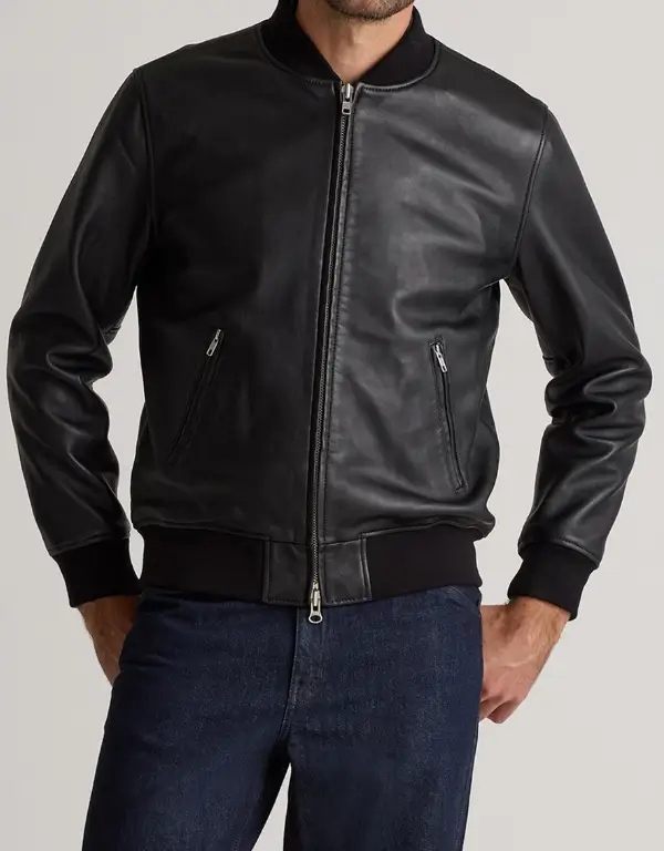 Mens Black Leather Bomber Jacket - side view