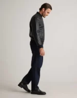 Mens Black Leather Bomber Jacket - detail view