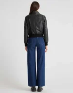 Women's Black Cropped Leather Bomber Jacket - front view